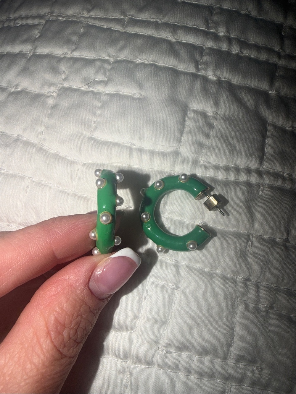 kate spade Green Enamel Hoop Earrings with Pearl Accents